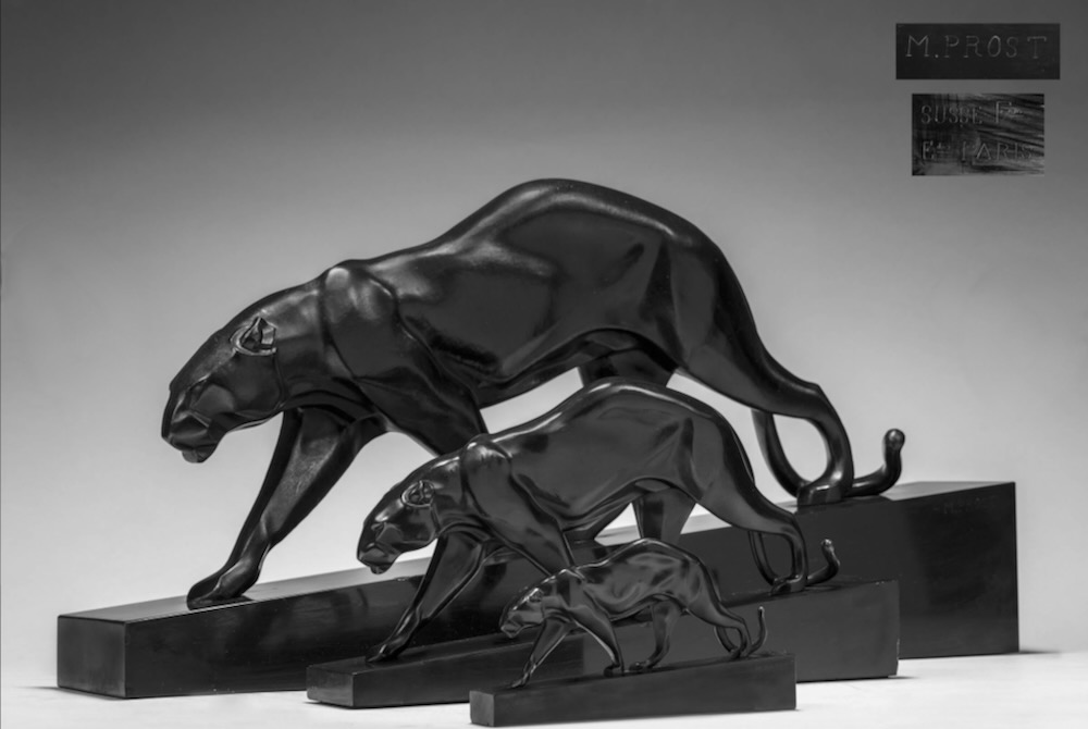 Maurice Prost, 1894-1967, Französisch  Drei gehende schwarze Panther, um 1930
